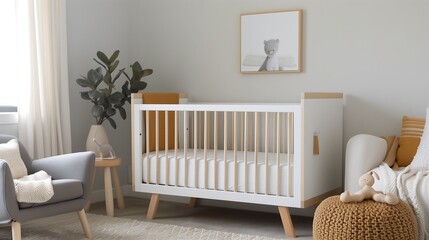 A Scandinavian-inspired nursery with soft pastel walls, wooden cribs, and plush textiles, designed for a cozy and calming environment.