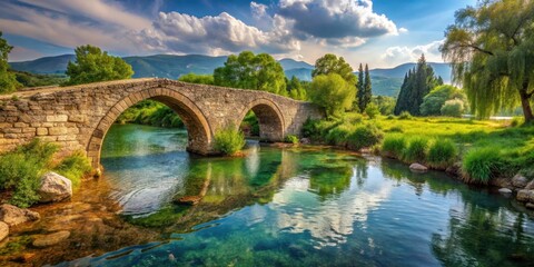 Fototapeta premium Ancient stone bridge spanning over Mura River in Medjimurje valley with lush greenery and water flowing beneath it, Landscape, Water