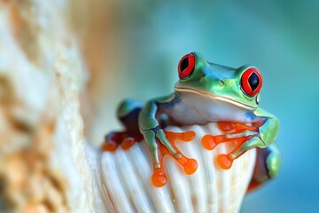Fototapeta premium Colorful Red-Eyed Tree Frog Posed on Shell with Vibrant Background in Tropical Environment