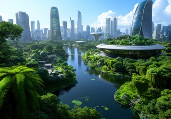 Fototapeta premium Futuristic city integrated with lush tropical landscape, a calm river meanders through vibrant green parkland, modern skyscrapers rise in the