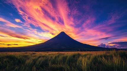 Obraz premium Majestic Volcano Erupts with Colorful Sunset Over Rolling Landscape