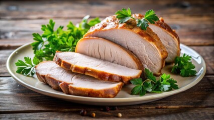 Sliced roasted pork loin with parsley garnish on a plate , roast pork, dish,  roast pork, dish, plate, pork loin, food