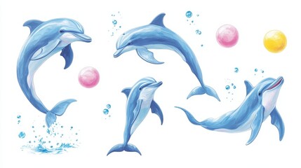 Fototapeta premium A whimsical watercolor dolphin, azure-hued, sports a playful pink ball in its mouth, gliding gracefully to the right over a serene cerulean sea