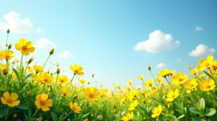 Vibrant Yellow Blossoms Flourishing Under a Summer Sky, a Serene and Peaceful Meadow Scene