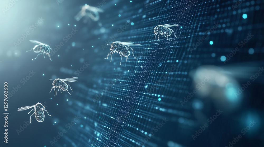Poster digital bee swarm: an ethereal swarm of digitized bees buzzes through a futuristic data stream, blen