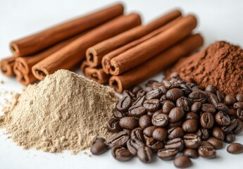 Assortment of Coffee Beans, Ground Coffee, Cinnamon Sticks, and Powdered Cinnamon Placed on a Light Surface Perfect for Culinary and Food Photography