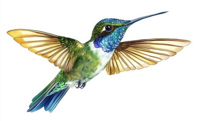 Fototapeta premium A dazzling watercolor captures a golden-brown hummingbird in graceful flight, with wings outstretched and vibrant feathers catching the light as it glides to the left