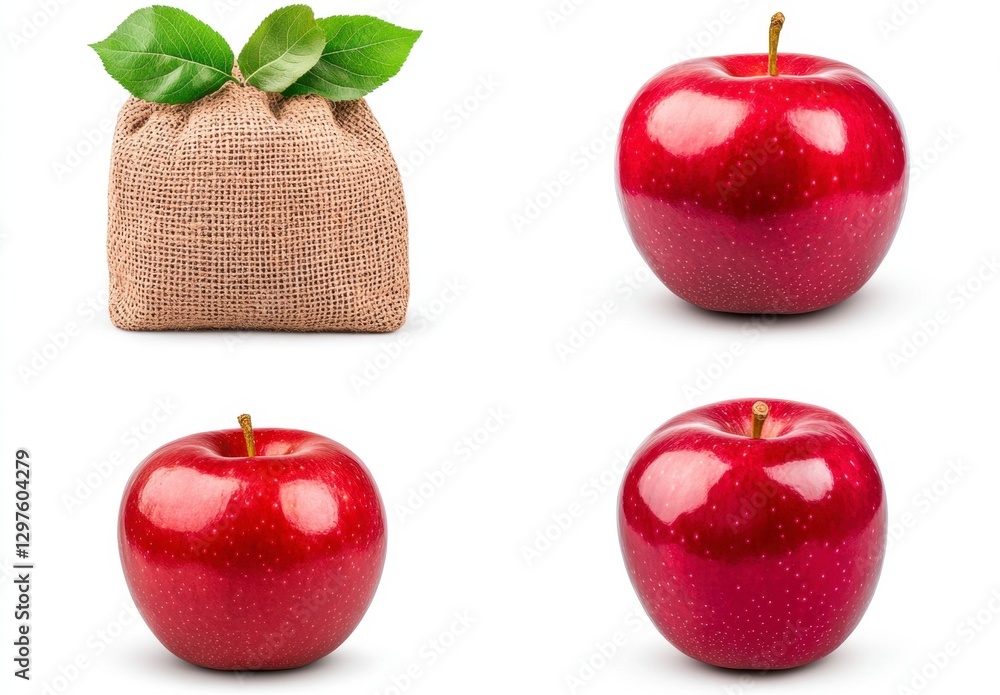 Poster four red apples and a burlap sack with leaves. two apples are shiny, and two are matte. studio shot 