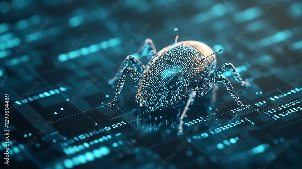 Poster cyber security bug: an ominous, metallic bug perched on a circuit board. the image highlights the di