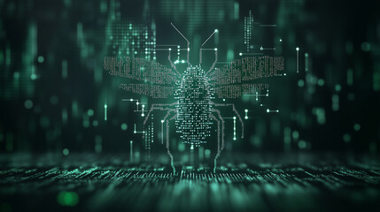 Obraz premium Digital Bug: A futuristic depiction of a digital bug, rendered with circuit board designs and a binary code aesthetic, symbolizes the intricacies of technology.
