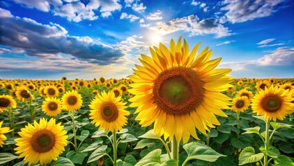 Fototapeta premium Vibrant sunflower field with tall, colorful blooms against a bright blue sky, happy, bloom, happy