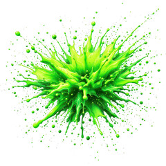 A vibrant green liquid splash frozen in motion against a white background. The dynamic explosion of fluid creates an abstract pattern with scattered droplets.