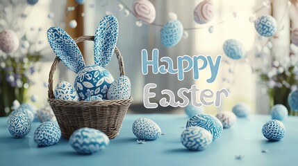 Easter banner with "Happy Easter" text, cartoon bunny ears, and blue patterned eggs in a basket on a pastel background, ideal for e-commerce advertising, promotions, or social media posts.