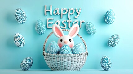 Easter banner with "Happy Easter" text, cartoon bunny ears, and blue patterned eggs in a basket on a pastel background, ideal for e-commerce advertising, promotions, or social media posts.