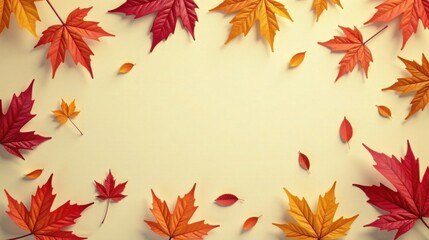 Fototapeta premium Autumnal Leaf Border on Pale Yellow Background A Festive Composition of Red and Orange Foliage
