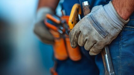 Construction worker holding tools with gloves in a belt