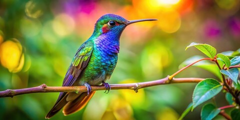 Fototapeta premium vibrant hummingbird perched on lush tropical branch in garden, bird, tree, bird, tree, tropical, bloom, colorful, nature