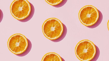 Seamless pattern of vibrant orange slices on a pastel pink background, featuring minimalist flat lay style. High resolution and hyperrealistic, ideal for modern design concepts and creative projects. 
