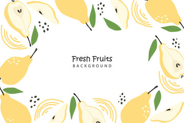 Yellow sweet pear fruit pattern frame. Ripe yellow pear isolated on white background. Sweet fruit with green leaf whole and half in cartoon flat simple style.