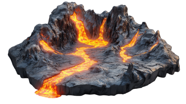 Lava rivers flowing through rock isolated on white background