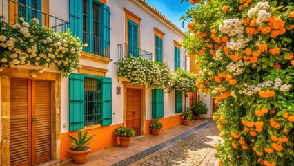 Vibrant orange groves with blooming jasmine flowers and turquoise shutters on Andalusian architecture , jasmine flowers, sunny streets