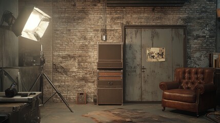 Vintage Studio Setup with Leather Chair and Industrial Backdrop