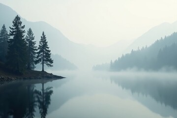 Serene Lakeside Vista Misty Morning on a Still, Reflective Water Body with Silhouetted Coniferous Trees on the Shore