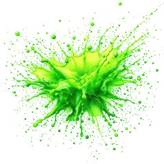 A vibrant green liquid splash frozen in motion against a white background. The dynamic explosion of fluid creates an abstract pattern with scattered droplets.