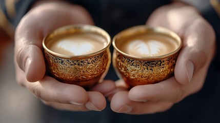 Hands holding ornate cups of latte art