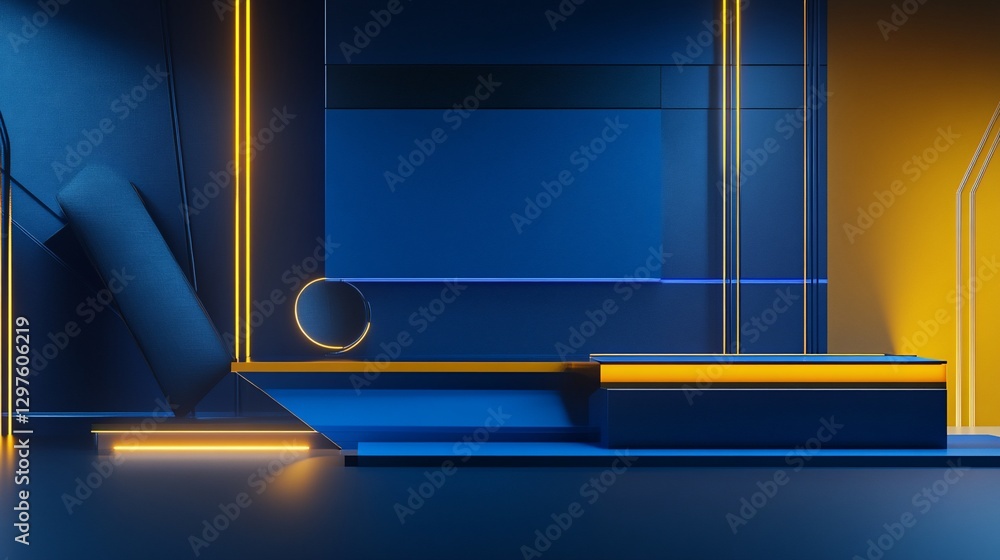 Poster abstract 3d rendering with blue and yellow geometric shapes and neon lines