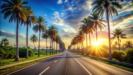 Picturesque Highway with Palm Trees, nature scenery, sunlit roadside,  nature scenery