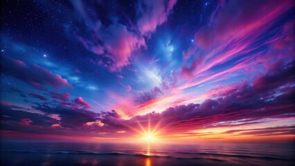 Ethereal landscape with a dark navy blue sky giving way to vibrant pink fuchsia hues during a breathtaking lucid dream sunrise , colorful, celestial