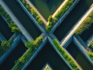 Aerial view of geometric waterways with greenery creating an X pattern