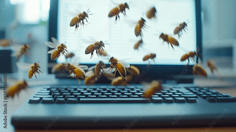 Poster swarming workplace: a close-up of a laptop keyboard, swarmed by a multitude of bees, capturing a qui