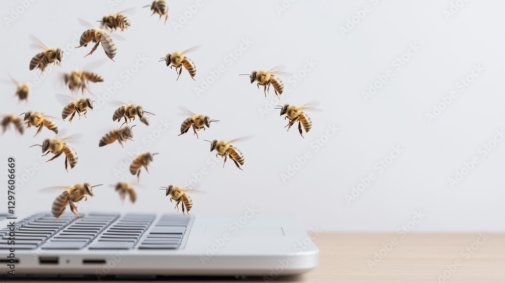 Poster swarm of bees over computer: a close-up shot of a swarm of bees hovering over a laptop, hinting at t