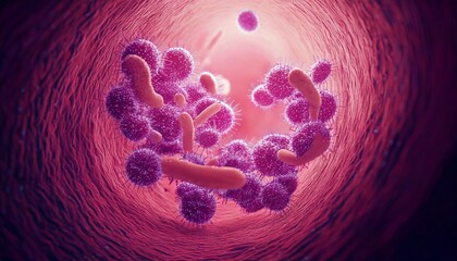 3D Illustration of Harmful Bacteria Floating in Degraded Intestinal Environment.