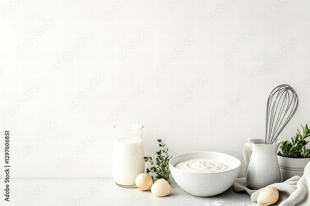 Poster preparing fresh dairy products in a bright kitchen with herbs and utensils neatly arranged on a coun