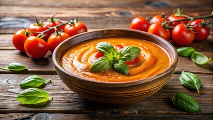 Warm, golden liquid filled with a rich blend of creamy tomatoes and fragrant basil leaves in a rustic bowl, topped with a sprig of fresh green basil , basil, ingredients