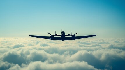 Fototapeta premium Silhouette of a Vintage Airplane Soaring Above Fluffy White Clouds Against a Blue Sky