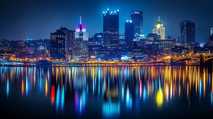 Naklejka premium city skyline at night with lights reflecting on the river