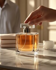 Elegant perfume bottle with hand on marble table in soft golden light setting