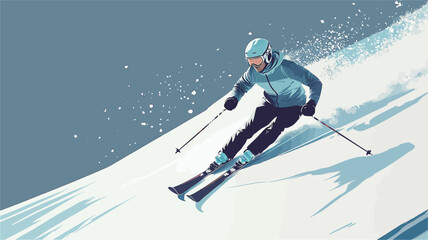 A stylized illustration of a person skiing down a snowy slope. The style is vector-based, with smooth gradients and simplified forms. The skier is depicted in a dynamic pose, suggesting movement