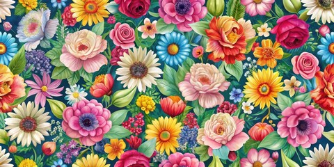 Colorful floral seamless pattern with blooming flowers in a garden setting, fresh, garden, fresh,garden,flowers,foliage