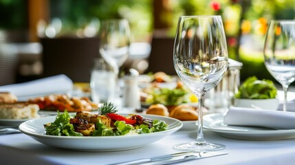 Fototapeta premium elegant restaurant with gourmet dishes and refined table settings