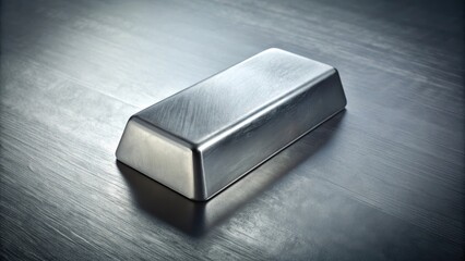 A shiny silver ingot resting on a metallic grey background with subtle texture and reflective sheen, precious metal, industrial setting
