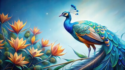 Fototapeta premium Iridescent Blue Peacock with Delicate Feather Patterns, bird of paradise