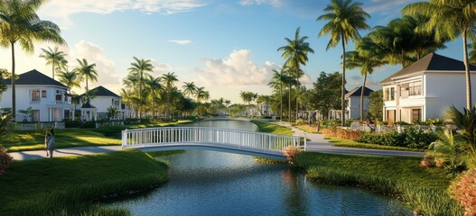 Fototapeta premium Tranquil residential community with canal and bridge