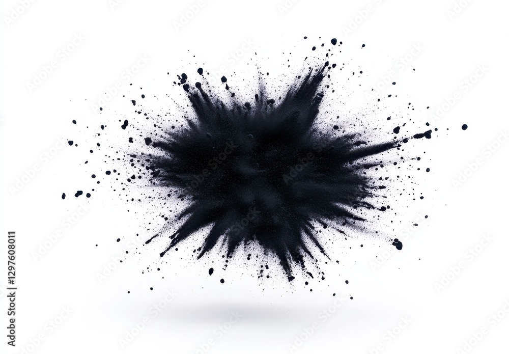Poster black powder explosion isolated on white background. dark particles burst, creating a dramatic effec