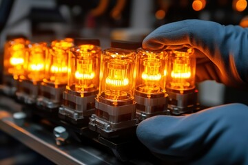 Obraz premium Close-up View of Hand Adjusting Vintage Tubes with Bright Orange Light in High Tech Setting