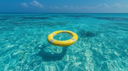 Obraz premium Tranquil Turquoise Ocean with Yellow Lifebuoy Safety Summer Rescue